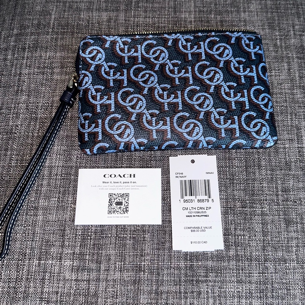 COACH Monogram Print Corner Zip Wristlet in Navy - Picture 3 of 13